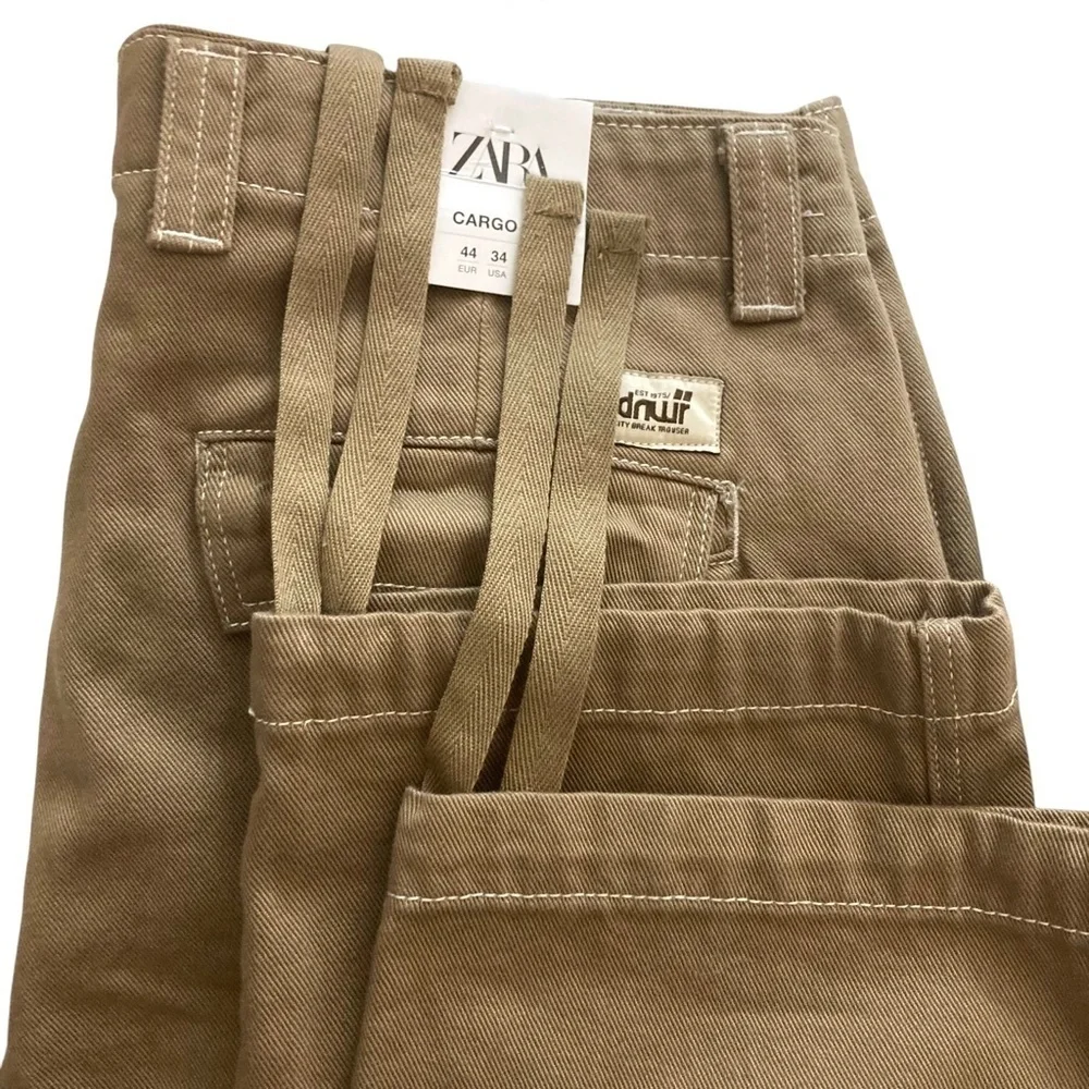 ZARA Denim Cargo Pants 34 Brown Topstitched Straight Baggy Drawstring Leg